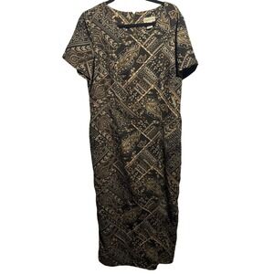 Vintage‎ Bohemian Paisley Floral Black Brown Short Sleeve Maxi Dress 12 Boho VTG
